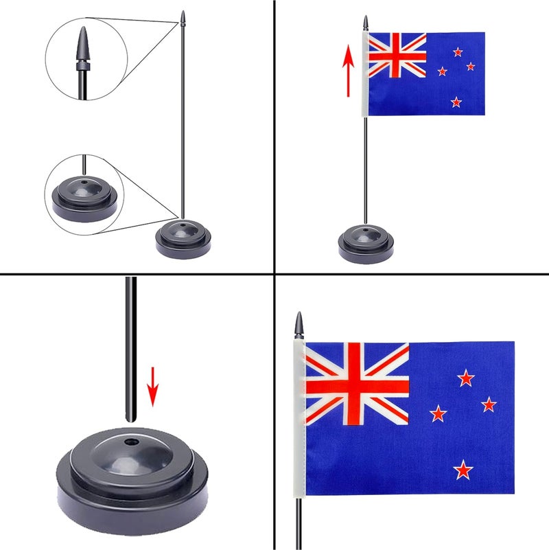 WXTWK 2 Pack New Zealand Flag New Zealand Deluxe Desk Flag Set - Mini Small New Zealand Table Office Flags with Black 12" Solid Pole Stand Base Classroom Meeting Desktop Decorations - Image 3